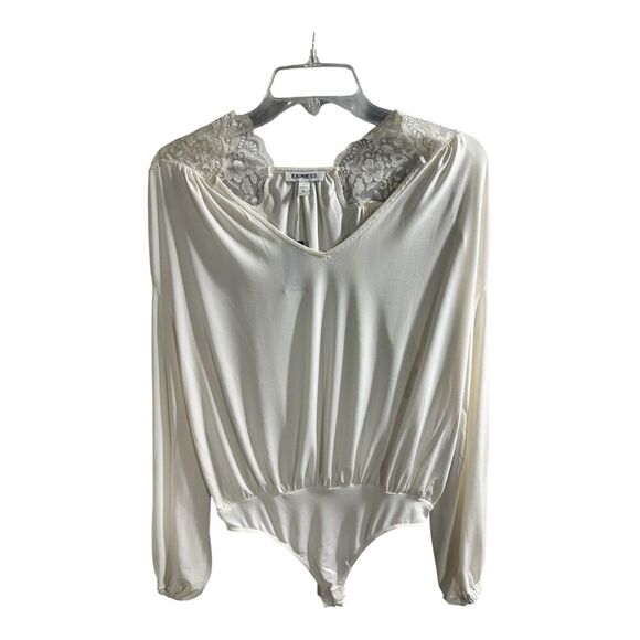 NWT Express Lace Ivory Bodysuit Long Sleeve Size Small Formal V Neck Lace - Picture 1 of 9